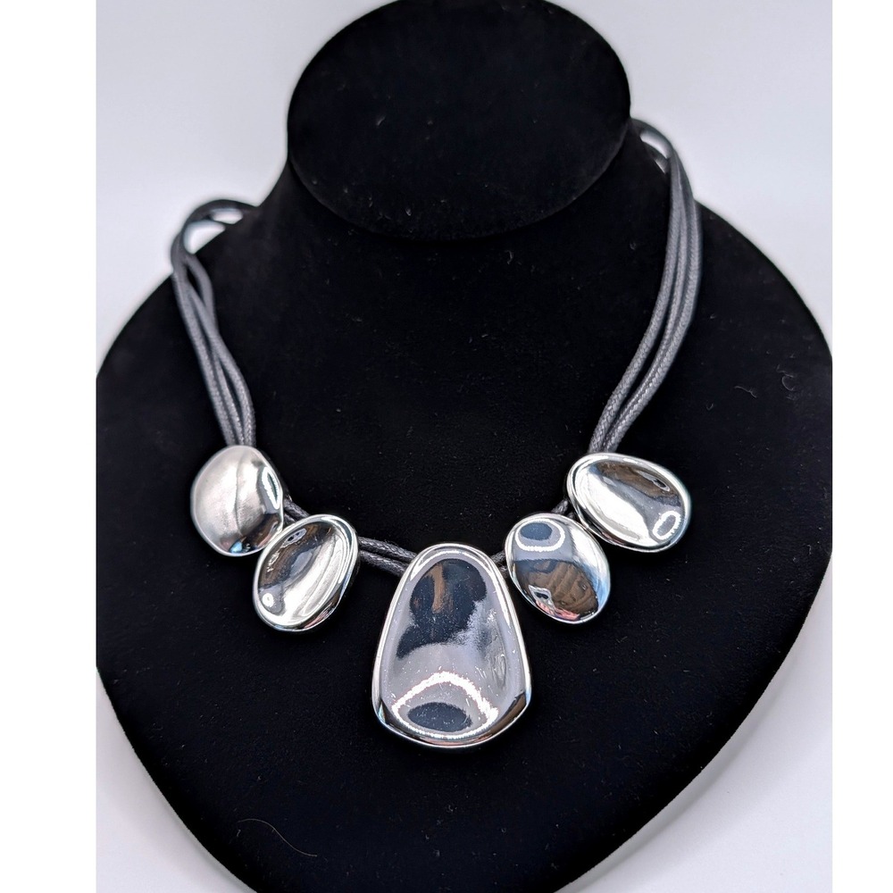 Silver Tone Organic Pebble Statement Necklace Multi Strand Black Cord Adjustable